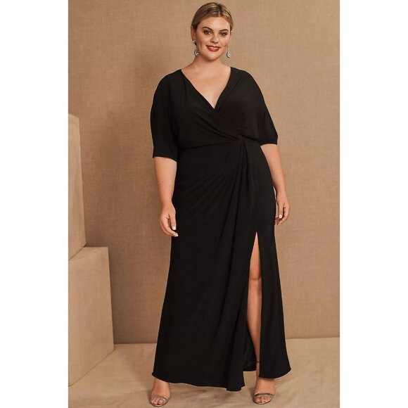 BHLDN Thorton Black Maxi Wrap Dress Sz 18 V-Neck Flutter Sleeve Gown Made In USA - Picture 14 of 15